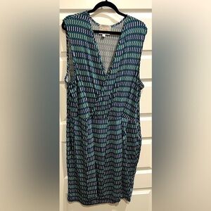 Leota Size 4L / 26/28 Sleeveless Slinky Dress Blue & Green Geometric Pattern 🌻